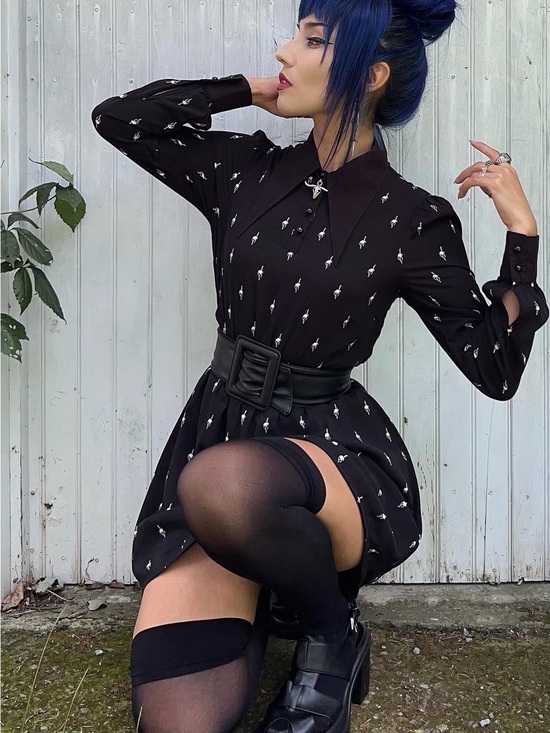 Killstar Dresses & Skirts - Killstar Wednesday Collection Black Mini Dress with White Skull Pattern